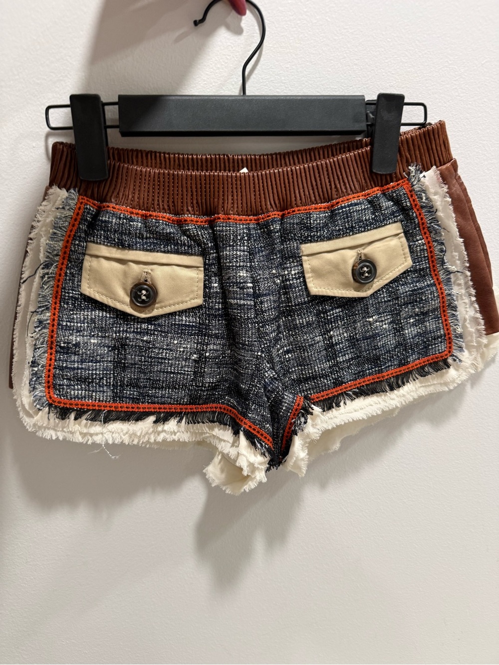 DSQUARED Textured Navy Tweed Fringe Shorts with Contrast Pockets